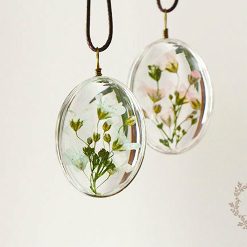 Handmade Dried Flower Necklace Red Blue Pink Flowers Pendant Leather Chain Necklaces For Women Bohemian Jewelry