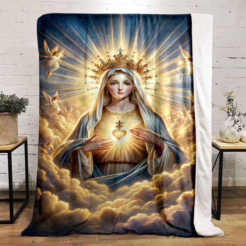 Holy Virgin Mary Sacred Heart Clouds Blanket Printed Blanket for Living Room Bed Couch Lunch Break Soft Cozy Blanket for Friend's Festival Gift