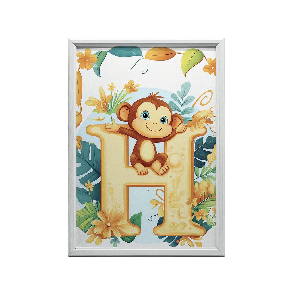 Plakat Litera H Z Małpką W Tropikalnym Stylu Plakat Litera H Z Małpką W Tropikalnym Stylu, 70X100 Cm, Rama Drewniana Jasny Dąb, Papier Matowy 230 Gsm