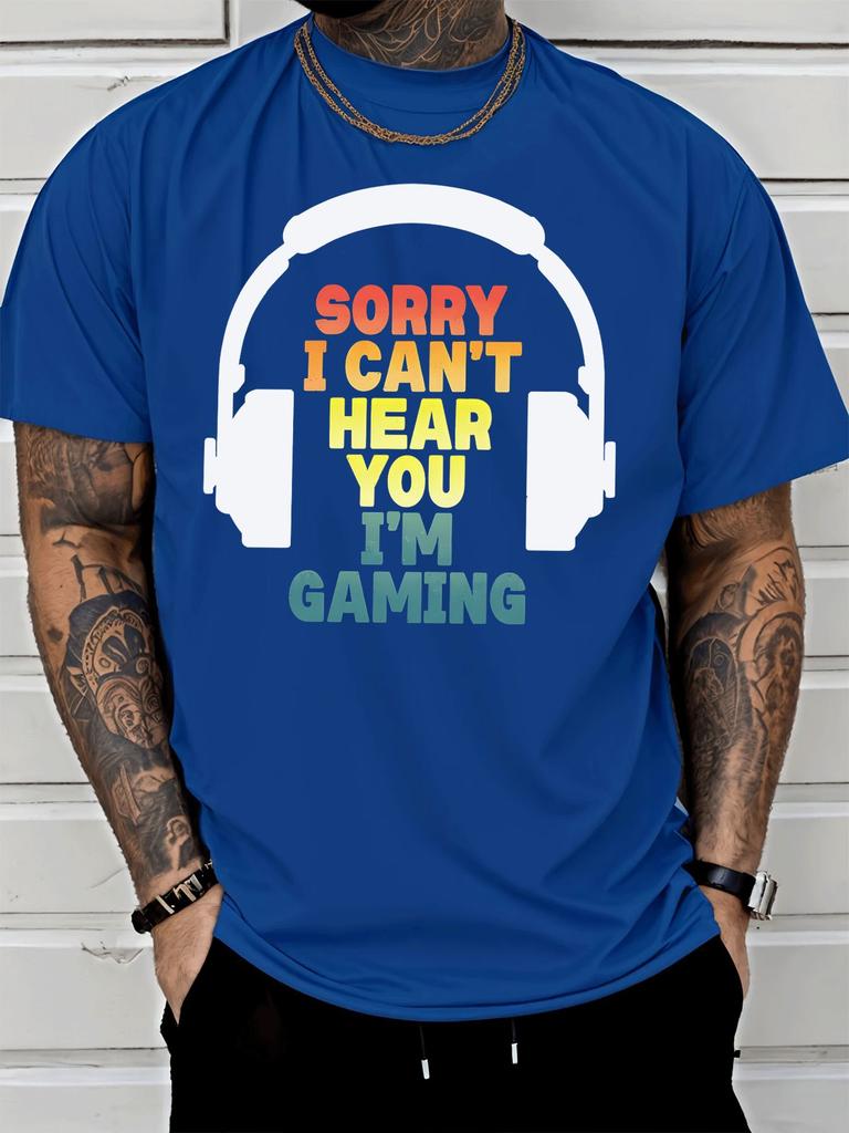 Unisex Black Crew Neck Tee Headphone Gaming Letter Print Oversized Short Sleeve Unisexs Summer Streetwear Casual Daily Basic Wear Top