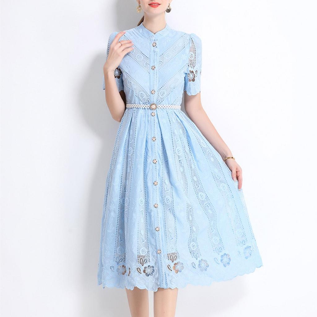 Women's Stand Collar Short Sleeve Hollow Out Lace A-Line Mid Waist Elegant Commuter Midi Dress