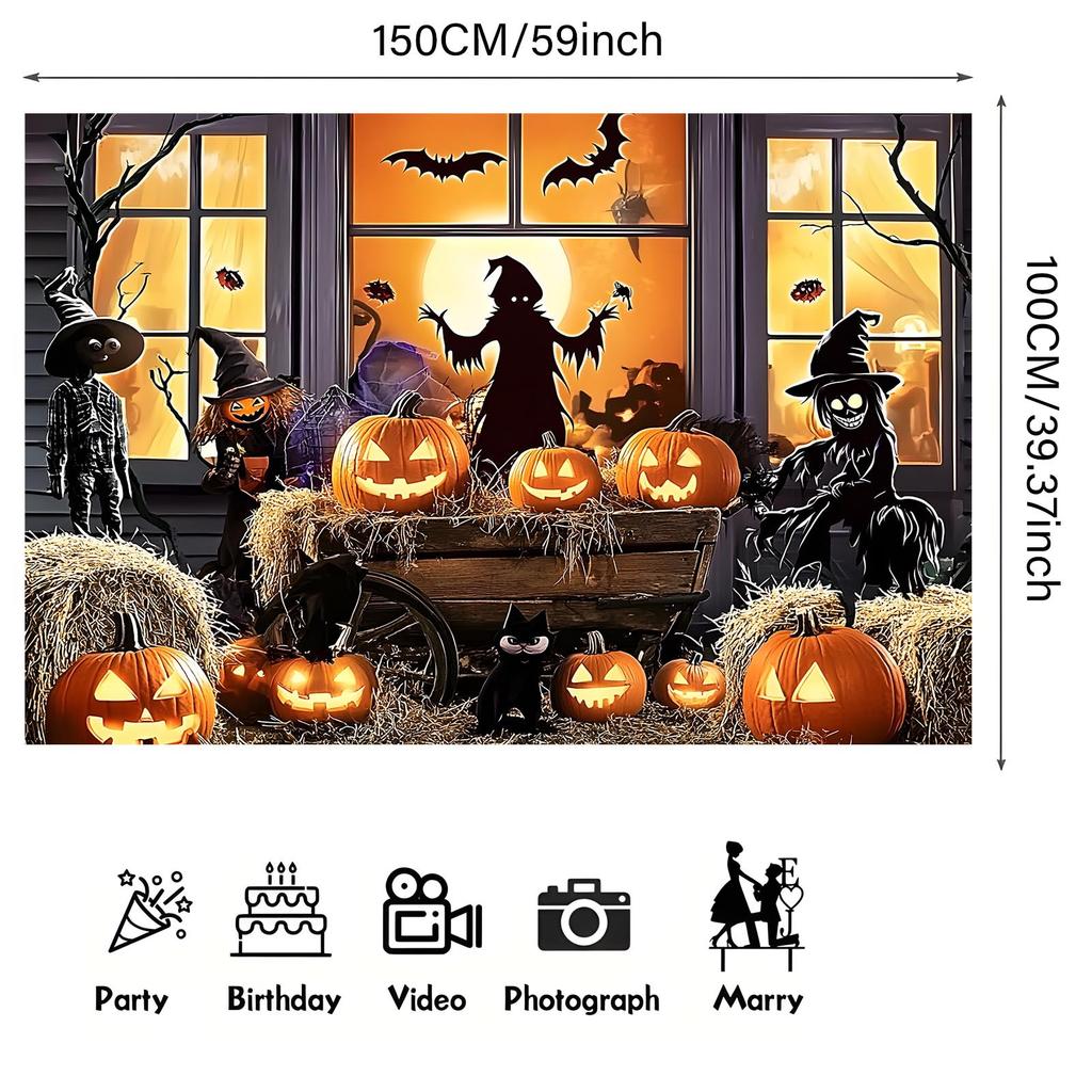 1 piece of Halloween photo background banner - Spirit witch, pumpkin and haunted house scenezyc
