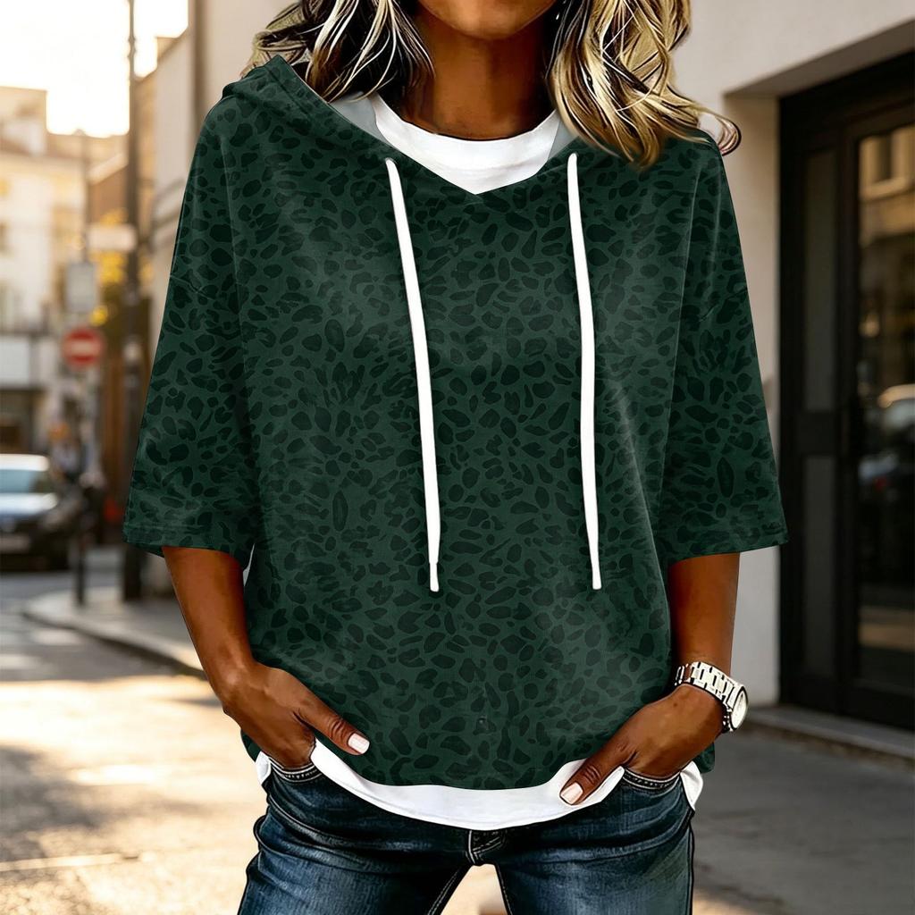 Damenmode Lässig 3/4 Ärmel Leopardenmuster Kapuzen-T-Shirt für den Alltag
