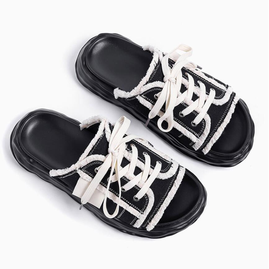 Fashion Men's Niche Designer Trendy One-piece Slides Men Lace-up Casual Outdoor Shoes Mens Versatile Style Breathable Slippers