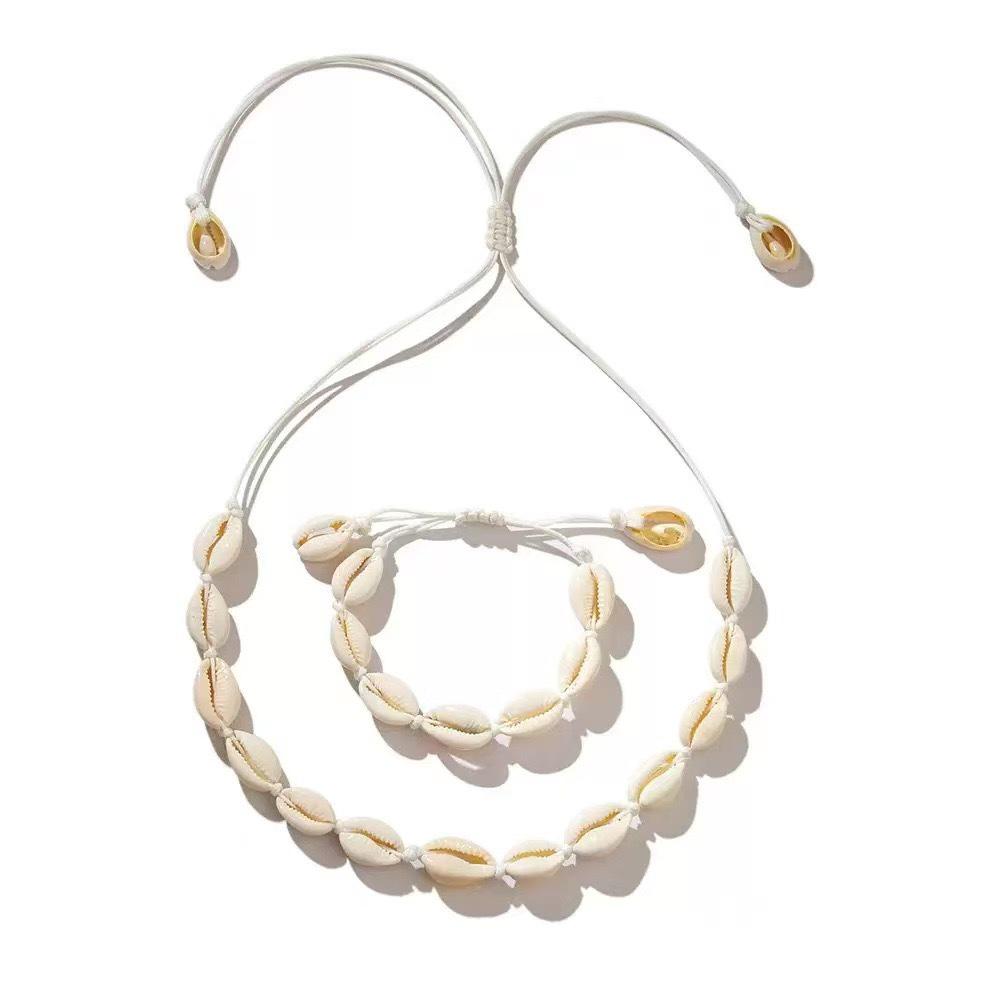European-American Shell Wax Cord Necklace & Bracelet Set for Women - Bohemian Beach Vacation