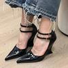 Fashion Elegant Red Patent Leather Wedges High Heels Women Sexy  Pointed Toe Pumps Fashion Double Buckle Strap Ladies Party Dress Shoes