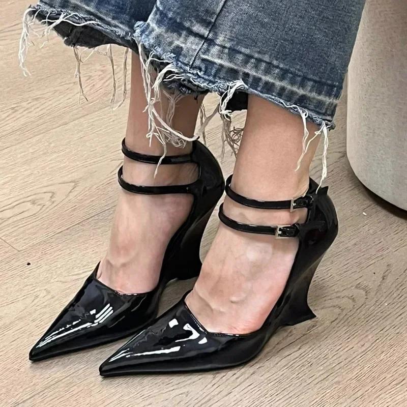 Fashion Elegant Red Patent Leather Wedges High Heels Women Sexy  Pointed Toe Pumps Fashion Double Buckle Strap Ladies Party Dress Shoes