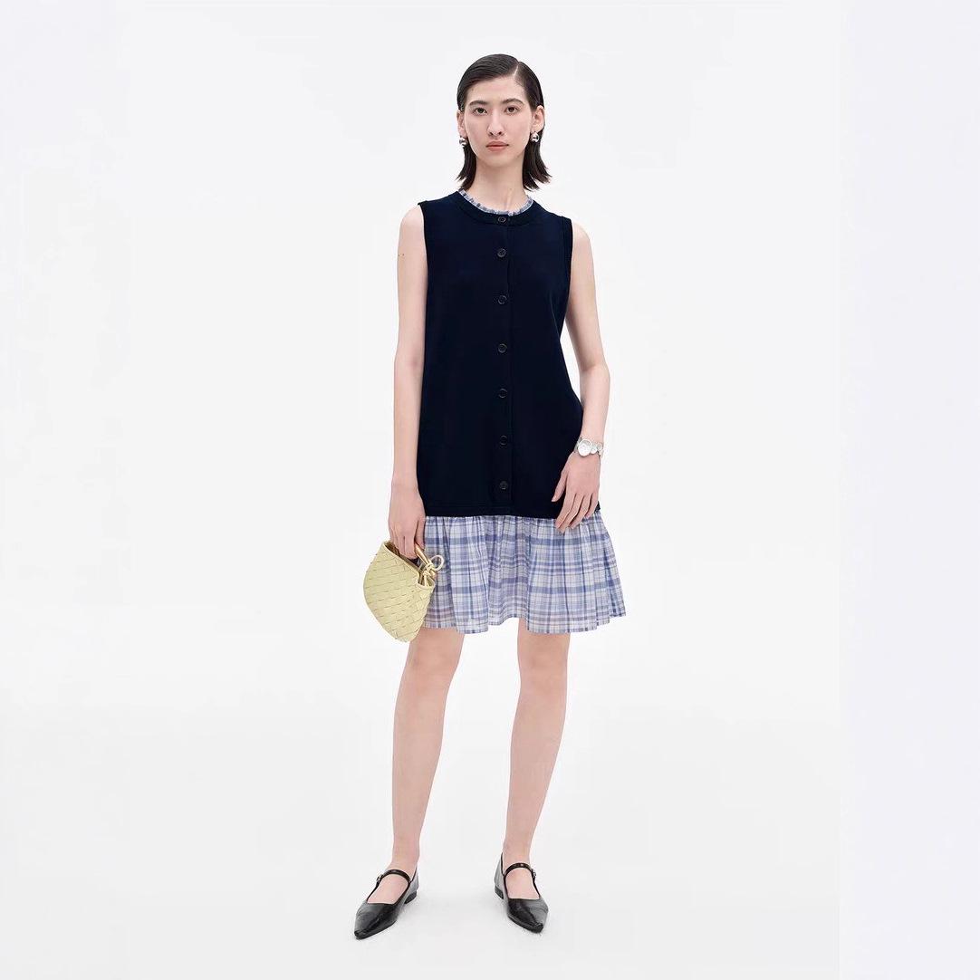 Plaid Hem Ruffle Collar Sleeveless Color Block Dress for Women - Special Offer: No Returns or Exchanges L темно-синий