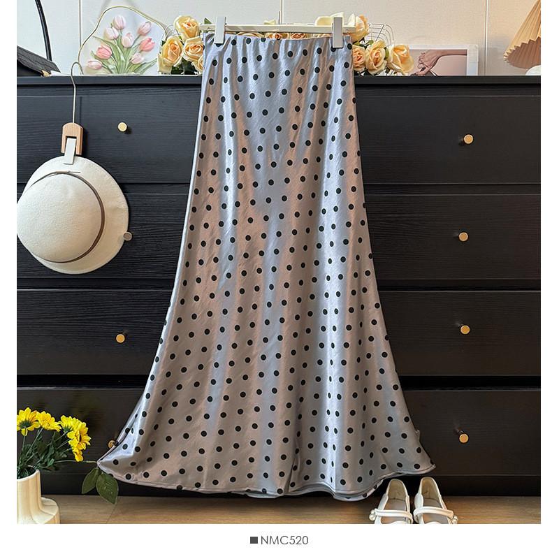 Qooth Retro Trendy Polka Dot Stain Mermaid Skirt Women Slim Mid Length for Spring Summer QT2611