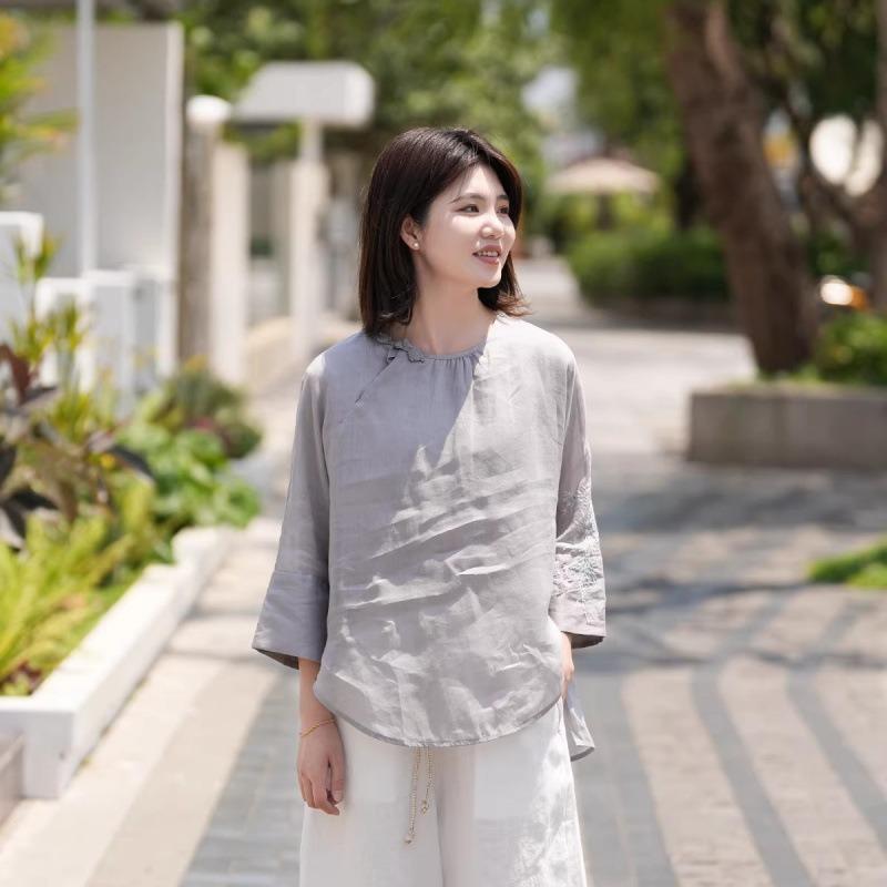 National Style Summer New Cotton and Linen Light and Breathable Shirt Top Sun Protection Embroidered Chinese Style Literary