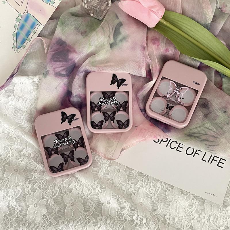 1Set Trendy Mini Contact Lenses Box Purple Black Butterfly Contact Lens Case With Mirror For Women Holder Eyewear Accessories