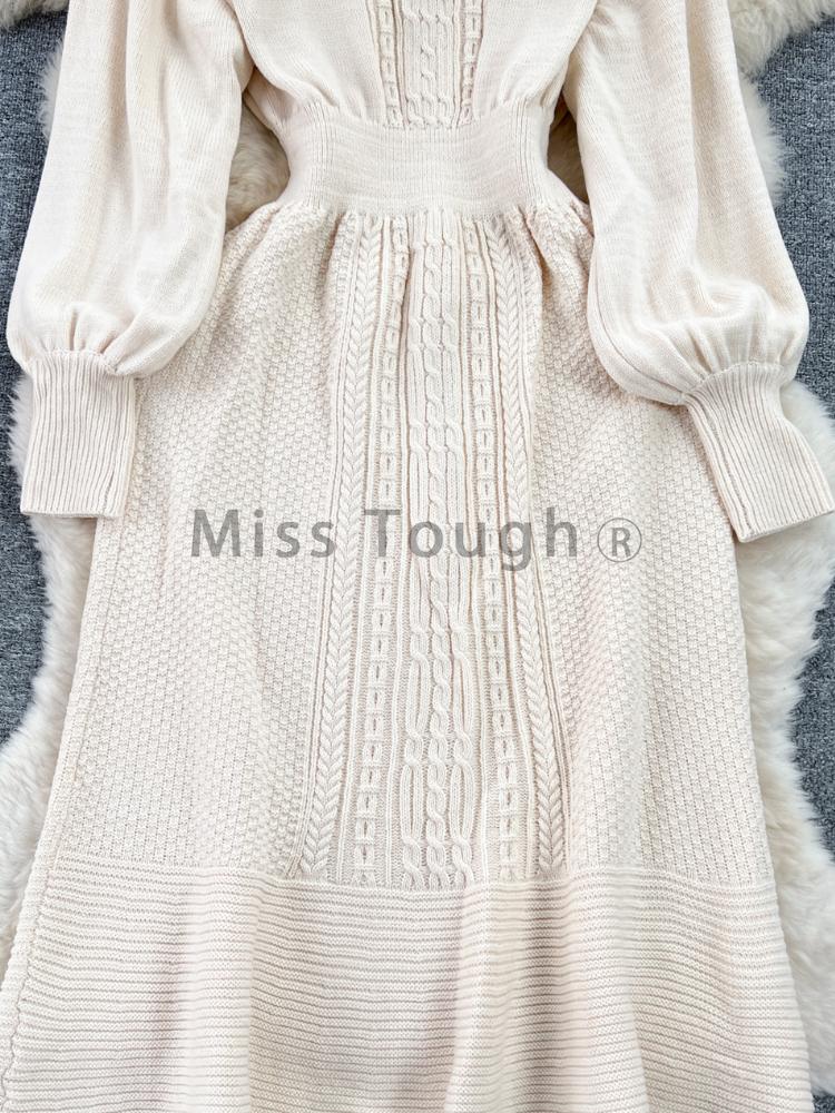 Jesień Francuski Retro Dzianinowa Elegancka Długa Sukienka Kobiety Design O-neck Długi Rękaw Sukienki Damska Moda Casual Jednolita Wąska Odzież