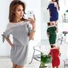 Elegant Women Vintage Dress Lace O-neck With Patchwork Hollow Out Short Sleeves