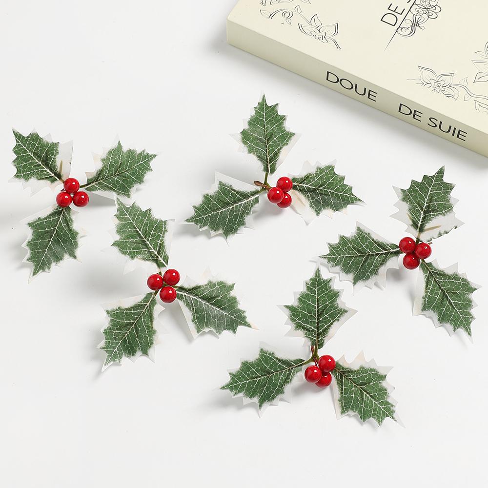 10Pcs Artificial Holly Berries Green Leaves for Christmas Decoration Fake Leaf for Home Decor Navidad New Year Gift Accessories
