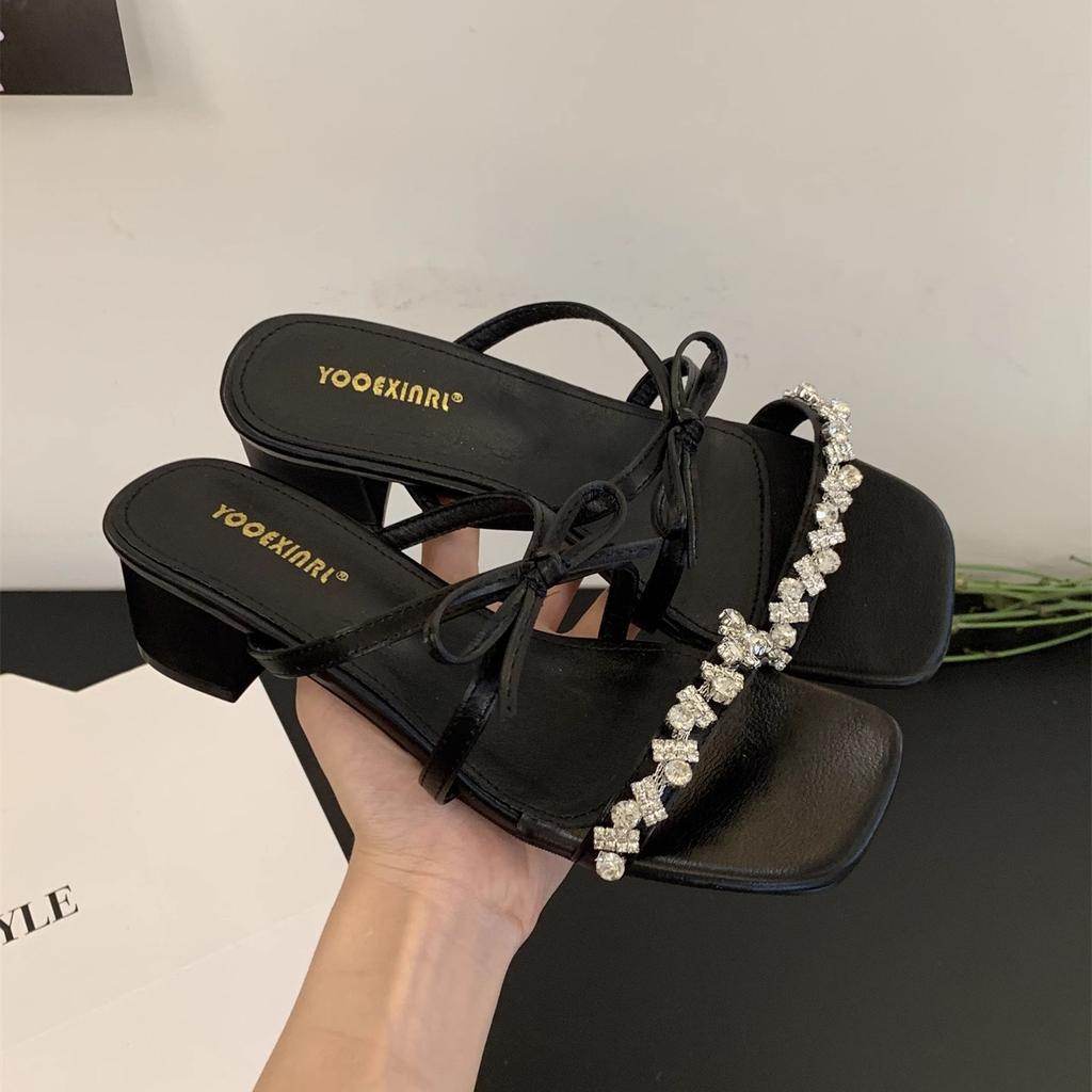 French beautiful bow rhinestone sandals women's summer wear 2025 new fairy wind gentle open-toed cool slippers