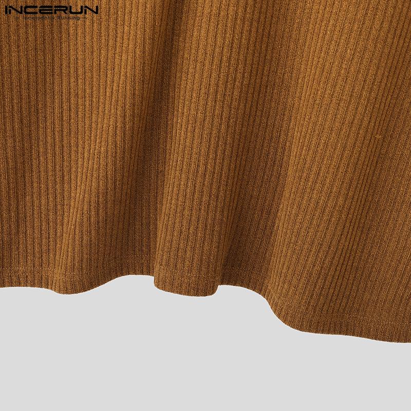 INCERUN Autumn Men Lapel V Neck Long Sleeve Texture Ribbed Knitted Casual Pullover Tops