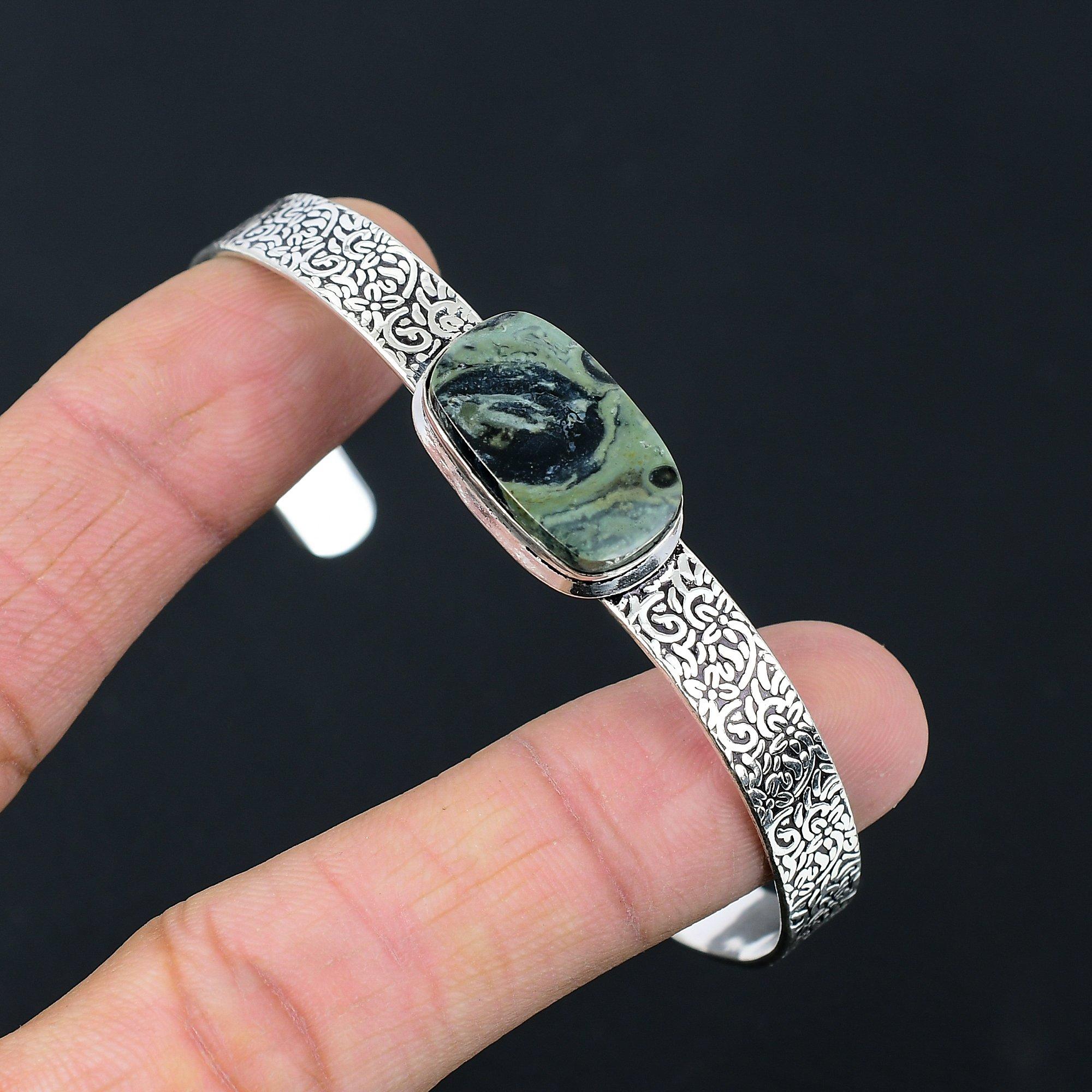 

925 Sterling Silver Kambaba Jasper Stone Handmade Wedding Wife Bangle Bracelet Adjustable