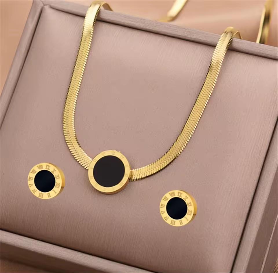 Set de Bijuterii din Oțel Inoxidabil 3 buc/set Colier cu Lanț Șarpe & Cercei Stud cu Cifre Romane Negre pentru Femei