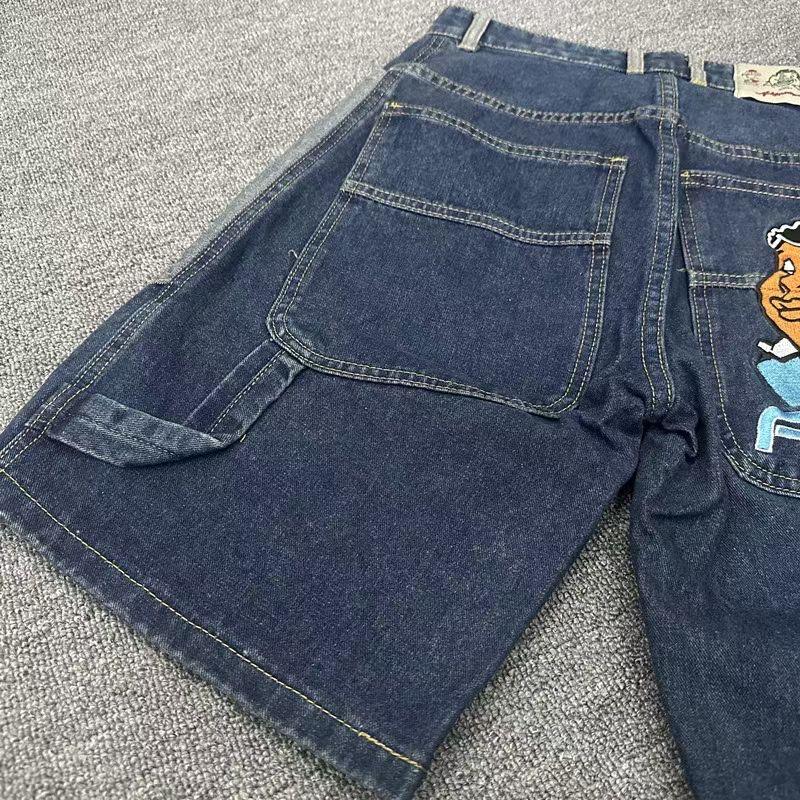 RogueWave Y2K Jeansshorts Herren Harajuku Hip Hop Cartoon Stickerei Blau Baggy Denim Lässig Knielang Kurz
