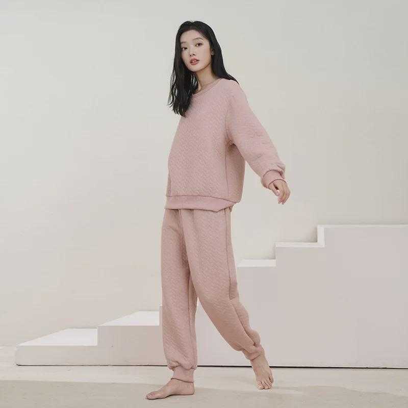 Pijama de bumbac matlasat cu mânecă lungă pentru femei - Groasă, Mărime mare pentru toamnă/iarnă