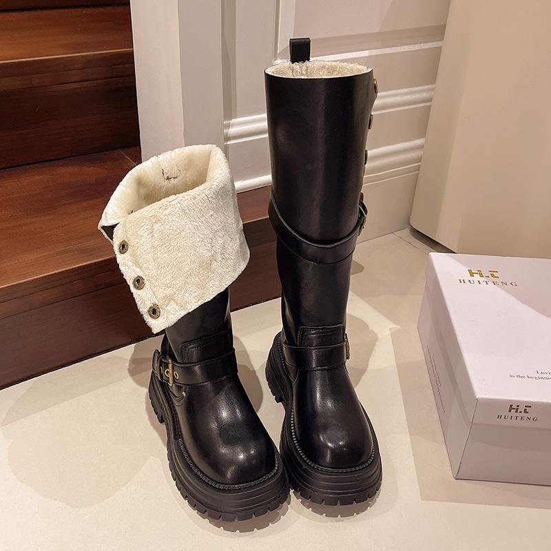 Winter Punk Stil Damen Kniehohe Stiefel Mode Gürtelschnalle Lange Stiefeletten Damen Casaul Plateauabsätze Botas Mujer