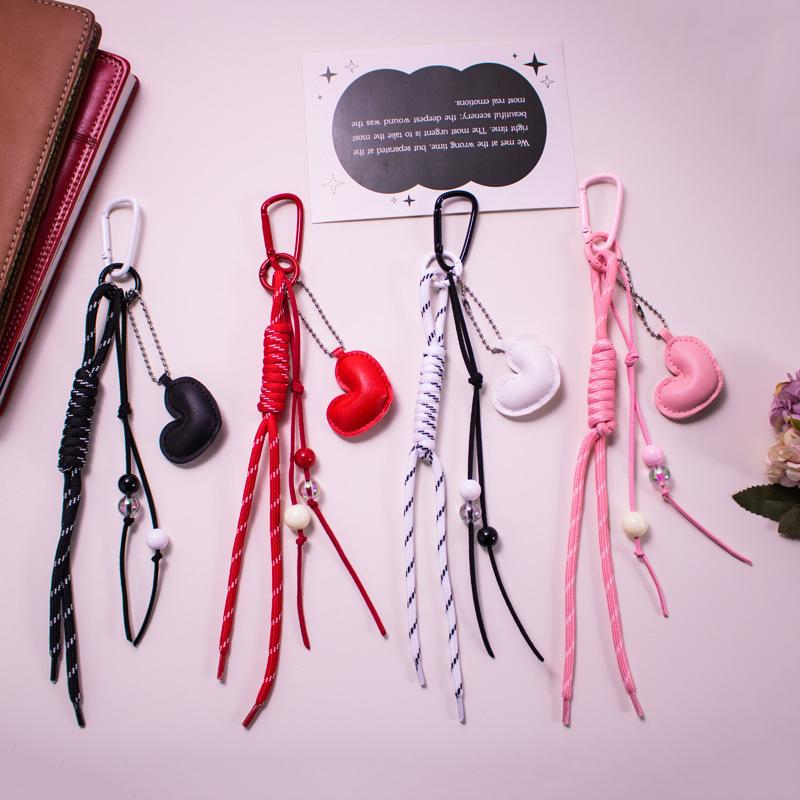 Colorful Hand Braided Rope Roman Knot Keychain Pendant Sweet Leather Heart Charm Bag  Hanging Ornaments Car Keyring Gifts