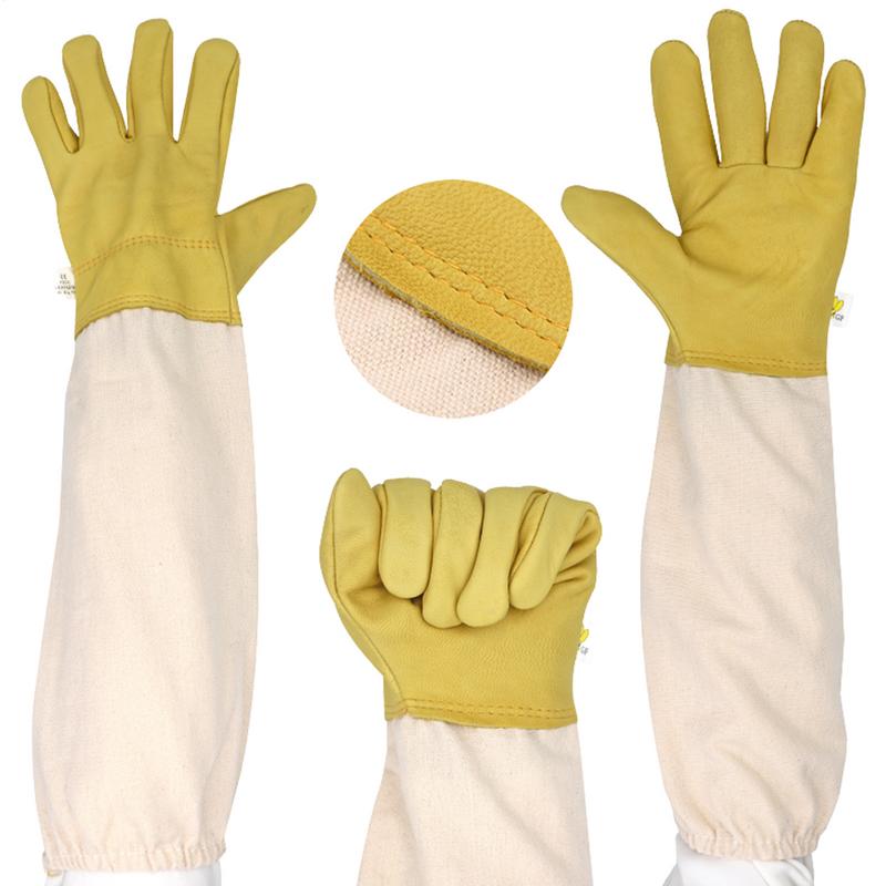 Rękawice Pszczelarskie Artykuł Pszczelarski Rękawica Pszczelarza ze Skóry Koziej z Długim Płóciennym Rękawem i Elastycznym Mankietem Rękawice Pszczelarskie