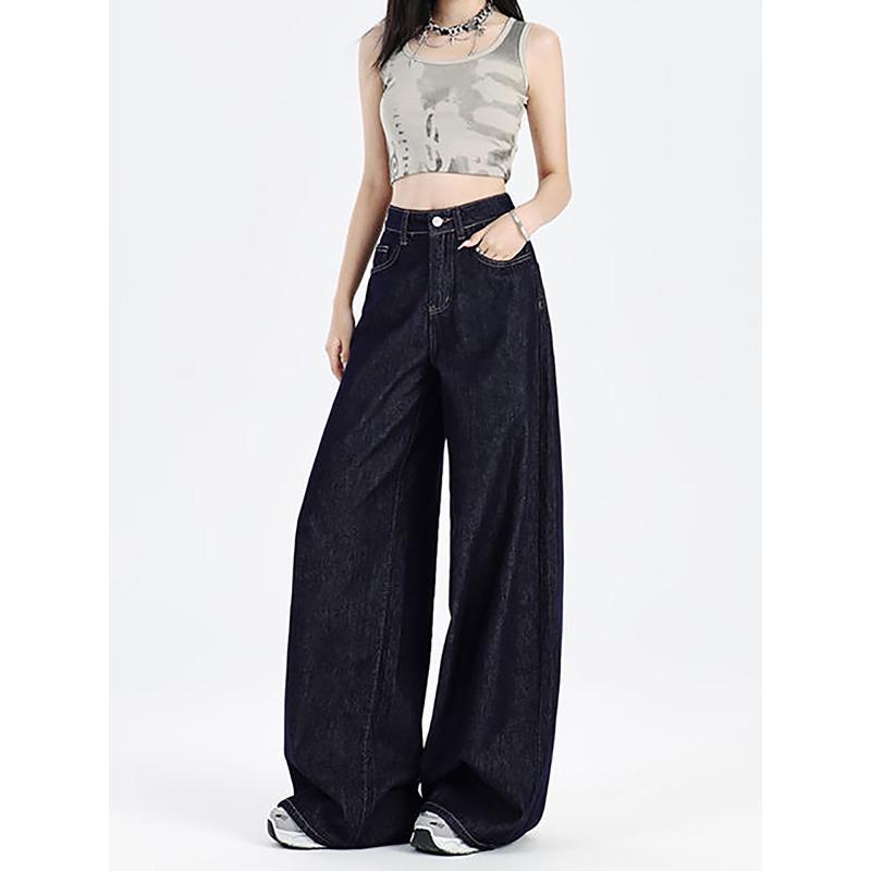 Spring and Autumn American Dark Blue Jeans Women's New Small High Waist and Thin Straight Loose Wide-leg Pants