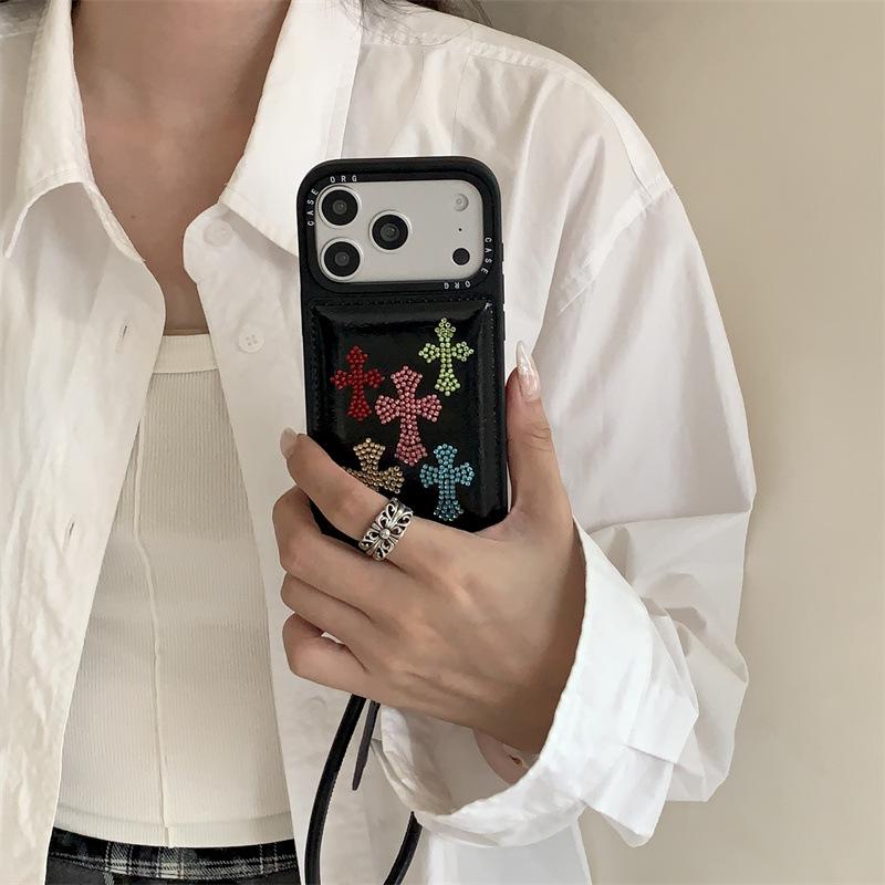 Bunte Strass-Leder-Kreuz-iPhone-Hülle für 17/16ProMax/15/14 - Damen Edition