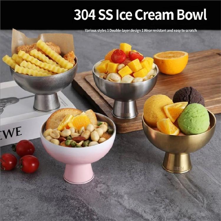 Double Walled Footed Stainless Steel Dessert Container Puddings Cup Ice Cream Bowl For Birthday Parties And Coffee Shops