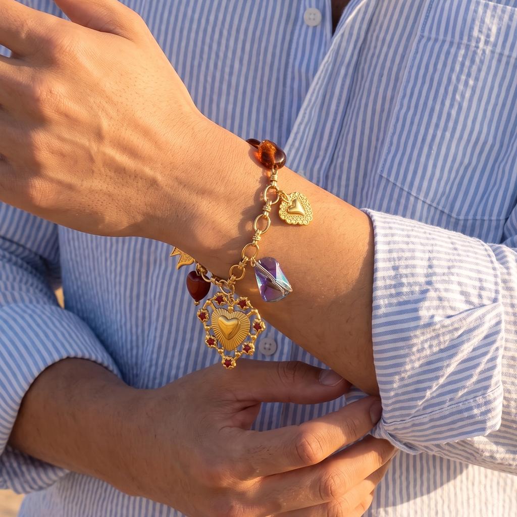 Vintage Retro Stainless Steel Heart Charm Bracelet 18K Gold Plated Large Bracelet With Resin Crystal Beads for Women
