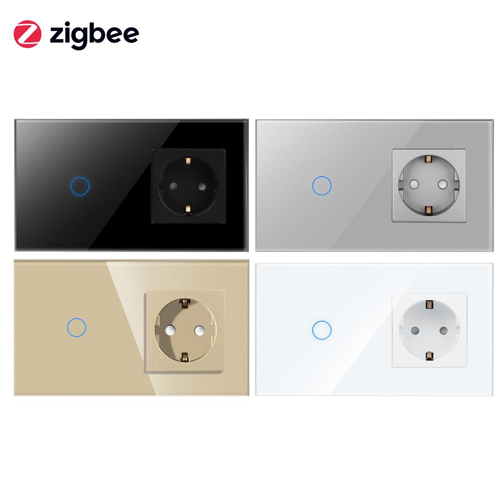 Bingoelec WiFi and Zigbee Compatible 1 Gang 1 Way LED Wall Switch with Germany Version Socket and Glass Panel