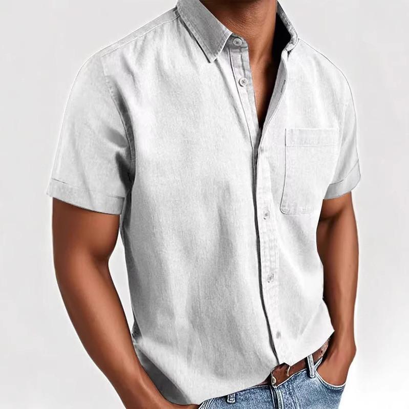 Men'S Fashion Collar Solid Color Shirt Casual Short Sleeved Top
