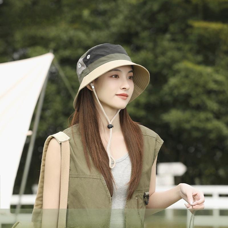 1Pcs Summer Color Block Sun Hat for Women UV Protection Breathable Fishing Camping Hiking Bucket Hat With Windproof Rope Caps