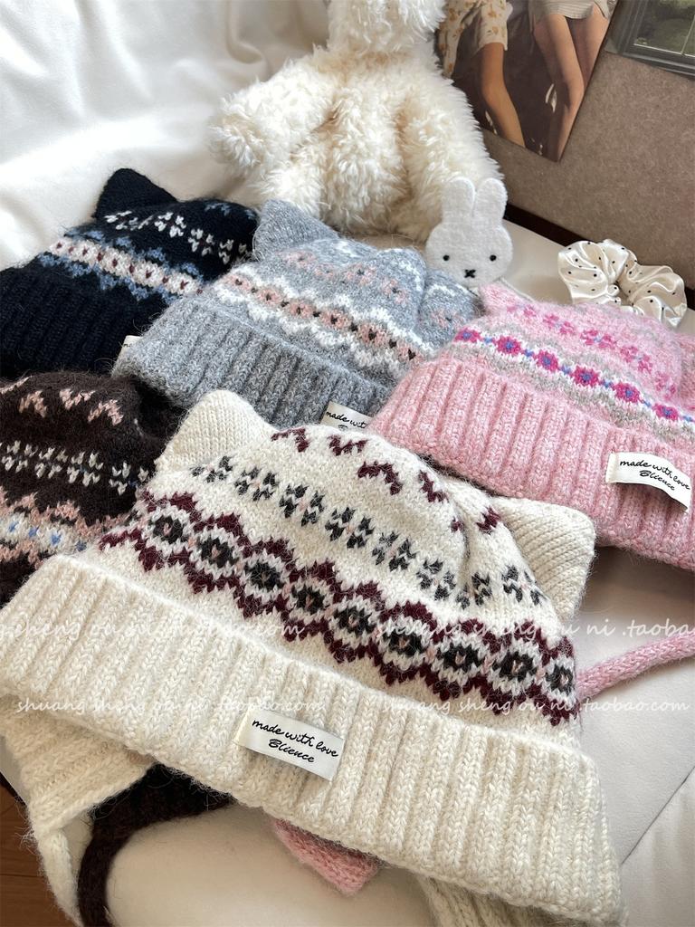 Cute cat ears Fair Island wool hat women's winter plush warm hat headband hat knitted hat shows a small trend