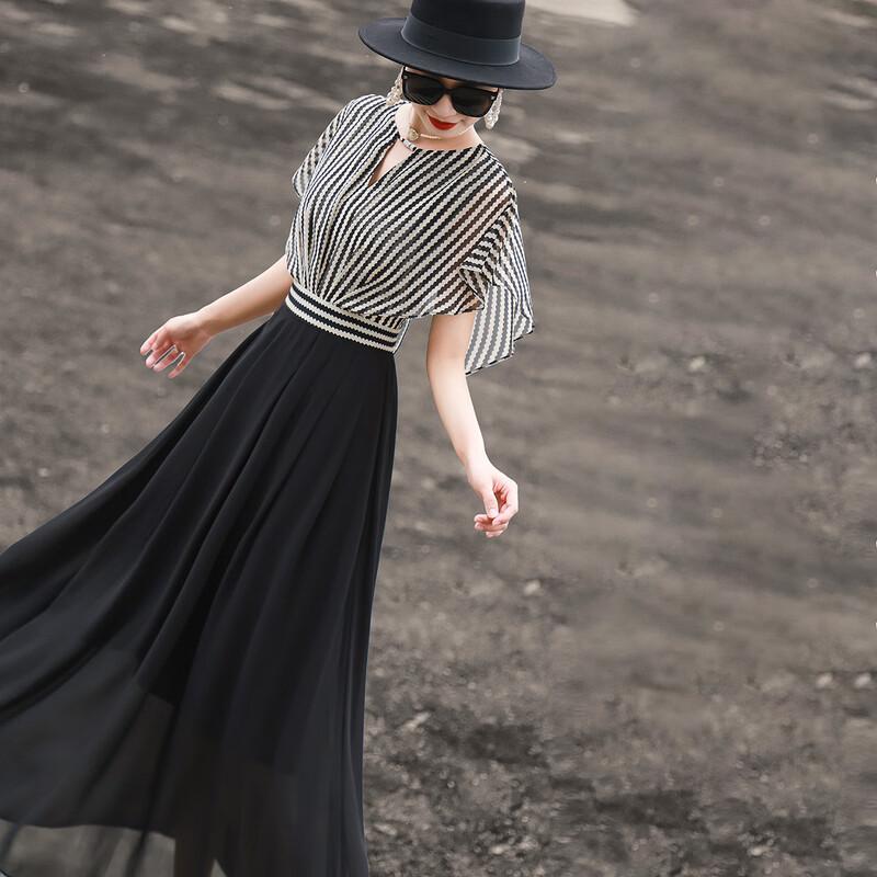 Elegant Striped Faux Two-Piece Ruffled Sleeve Swing Dress L