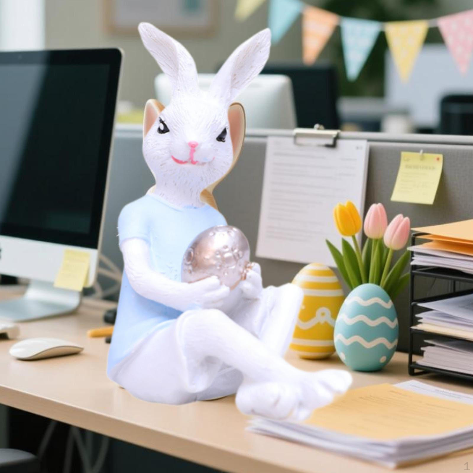 Easter Bunny Statue Cartoon Animal Sculpture Decorative Figurine Tabletop Ornament for Cabinet