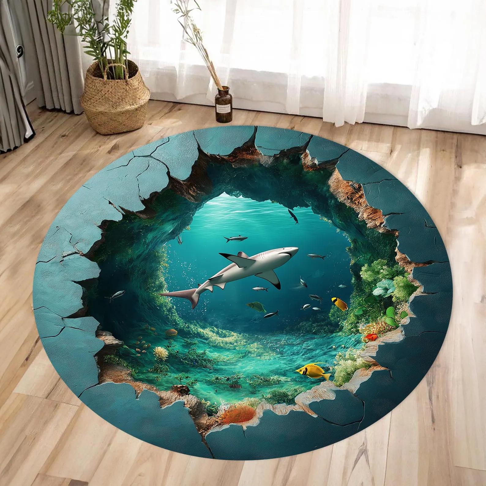 3D Underwater World Round Carpet Broken Floor Design with Sharks Printing Non-Slip Durable Rug, Stunning Visual Effect Fashion 60cmx60cm