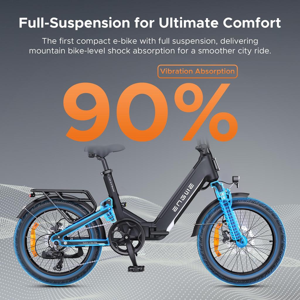The ENGWE electric bicycle comes with an app, a 48V 13.5Ah battery (range up to 135 km), and 20*3.0 tires.L20 3.0 BOOST