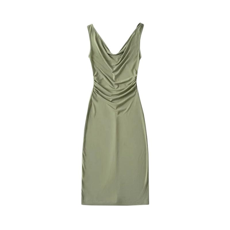 European and American sexy swinging neck sleeveless vest dress women's outer wear pleated slim fit elastic hip wrap medium and long dress summer