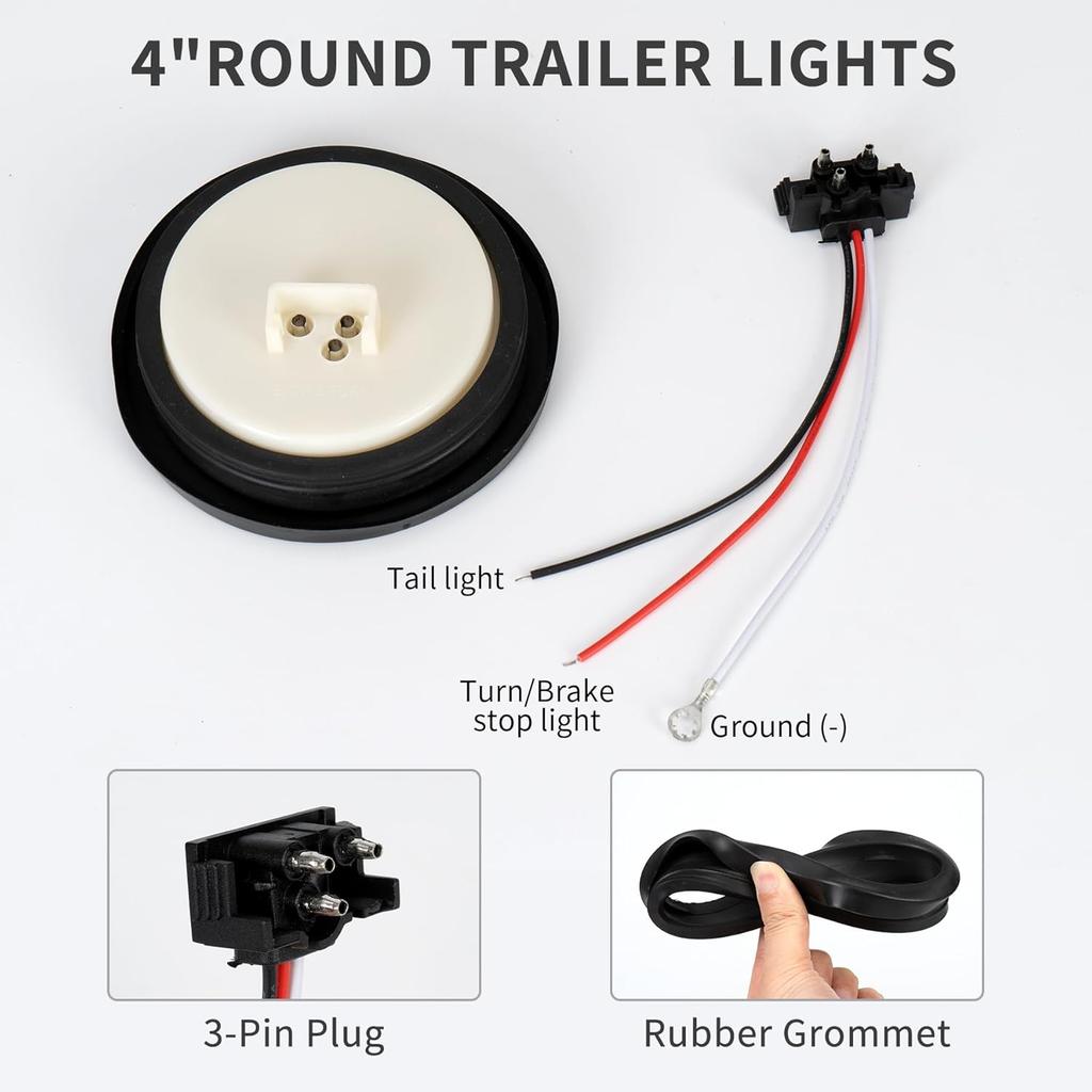 2PCS 4" Round Red LED Trailer Tail Lights - 12 Diodes 3-In-1 Stop/Brake/Turn Lights W/Surface Mount Grommets & 3-Prong Pigtails For Truck Trailer RV