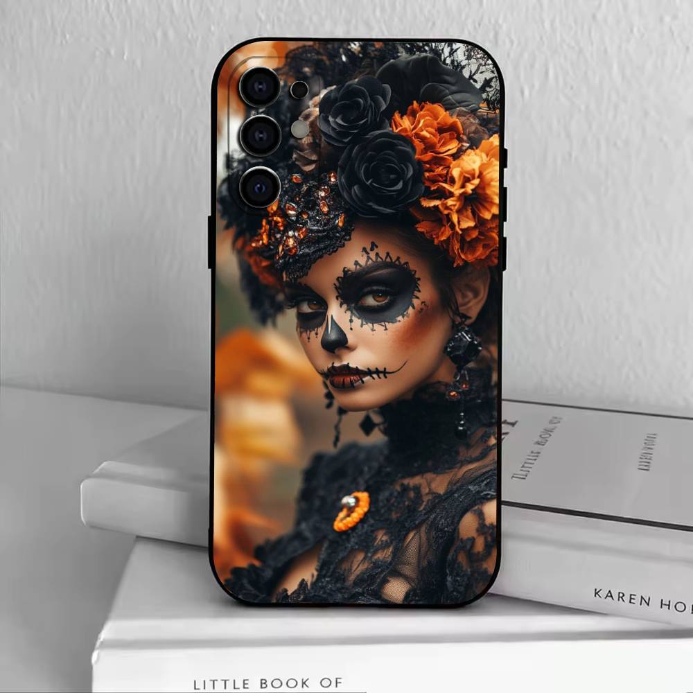 Day of the Dead Skull Phone Case For Samsung S25,S24,S21,S22,S23,S30,Ultra,S20,Plus,Fe,Lite,Note,10,Black Cover