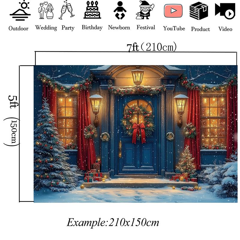Mocsicka Christmas Blue House Backdrops Soft Washable Snow Gifts Tree Photo Background Light Wreath Door Decors Wallpaper Banner