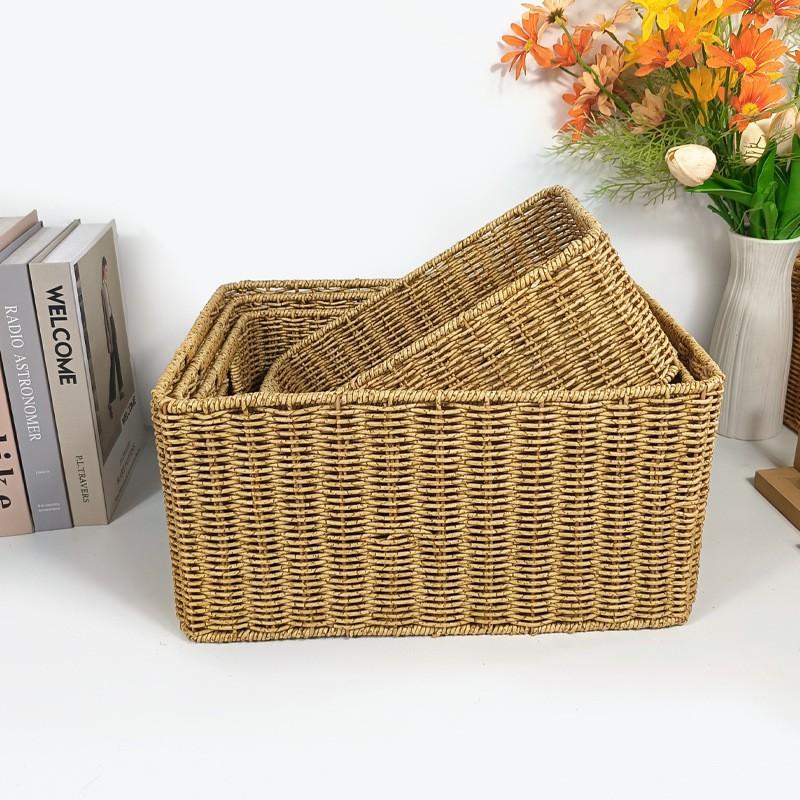 Woven Desktop Storage Basket With Dual Handles Fruit Snacks Cosmetics Toys Kitchen Organization Ins Style