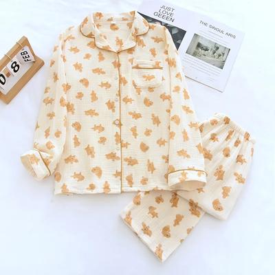 Neues Damen-Pyjama-Set für Frühling und Sommer 100% Baumwollkrepp Langarmhose Dünner Niedlicher Cartoon-Cardigan Haus Zweiteiliges Set