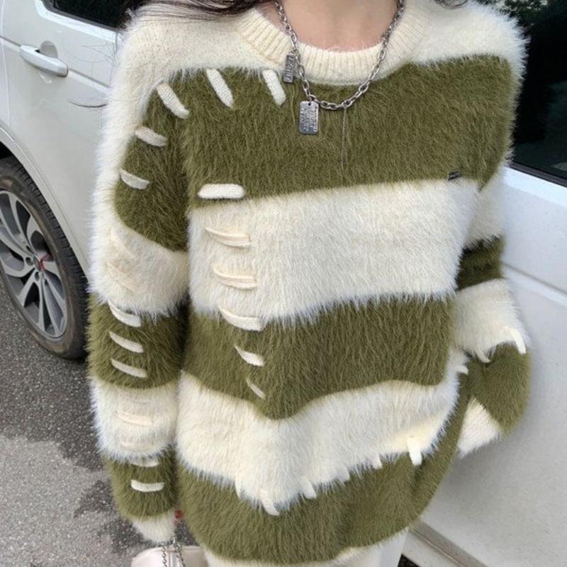 Lazy Style Design Plush Knit Sweater Top for Autumn and Winter Women Thick Mink Fur Striped Sweater