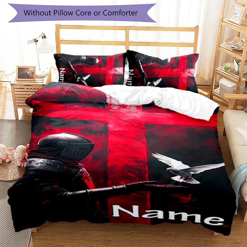 3pcs Custom Name Cartoon Knights Templar Bedding Set Duvet Cover Closure Includes 1 Duvet Cover & 2 Pillowcases for All Seasons Bedroom Decor