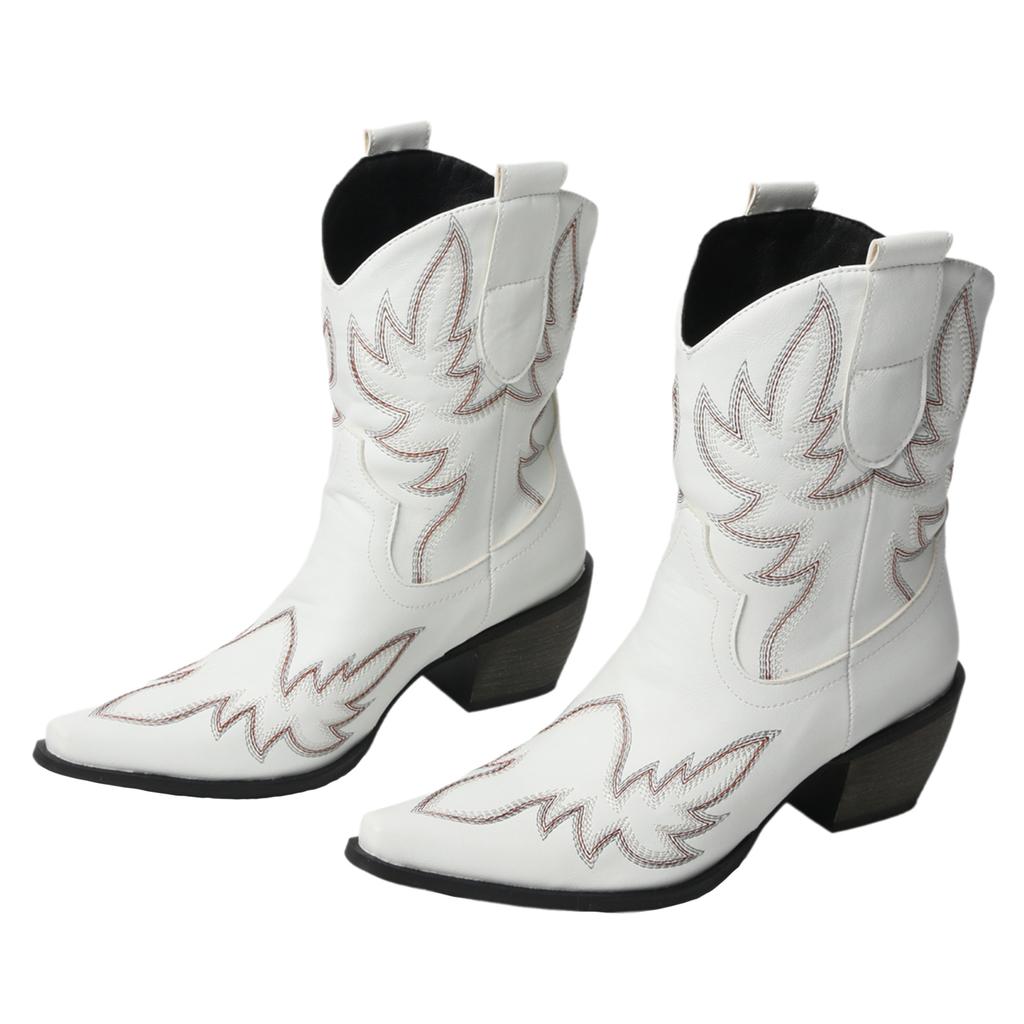 FOREADA Women Ankle Cowboy Boots Pointed Toe Chunky High Heels Embroidery Wester Short Boots Ladies Fashion Shoes Winter Red