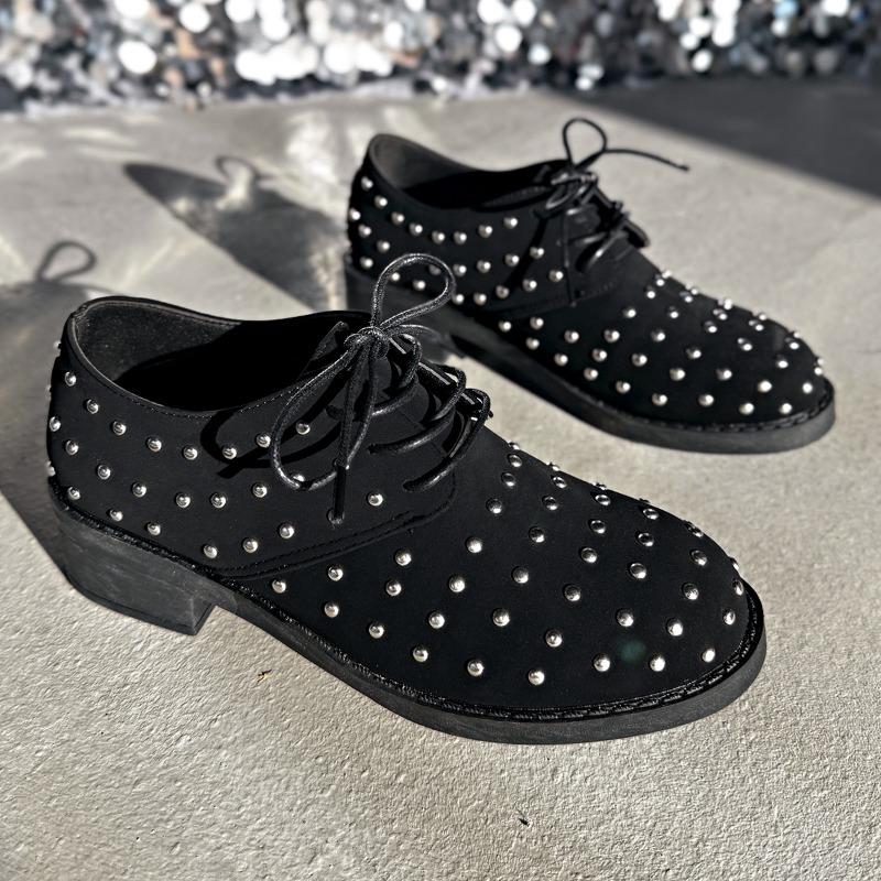 Fashion Women's Coarse Heel Shoes Spring New Round Head Deep Mouth Before Lacing Suede Rivet Anti-slip Wear-resistant Low-top Shoes
