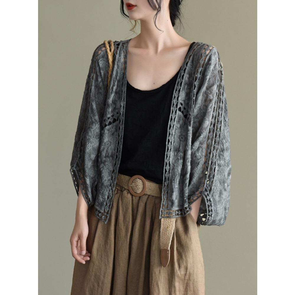 DX- MS64-Spring and Summer Cotton Embroidery Lace Cardigan Short Bat Sleeve Loose Shawl 7 Split Sleeve Air Conditioner Sunscreen Clothes Cover Female